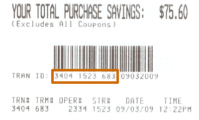 transaction receipt number where gift box digits below bar code were just